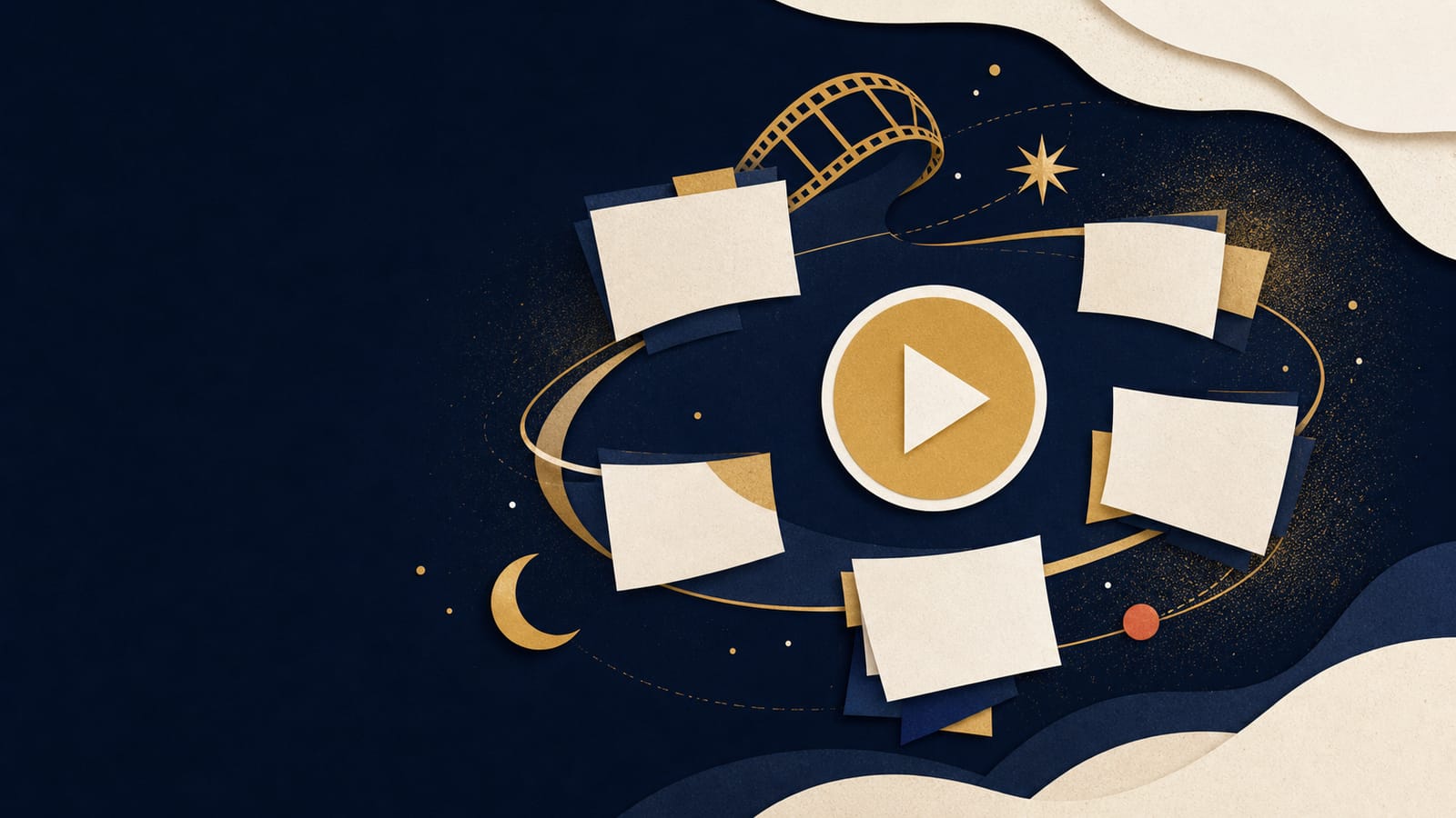 複数の映像候補から次に観る一本を選ぶ様子を表した円形再生ボタンのイラスト