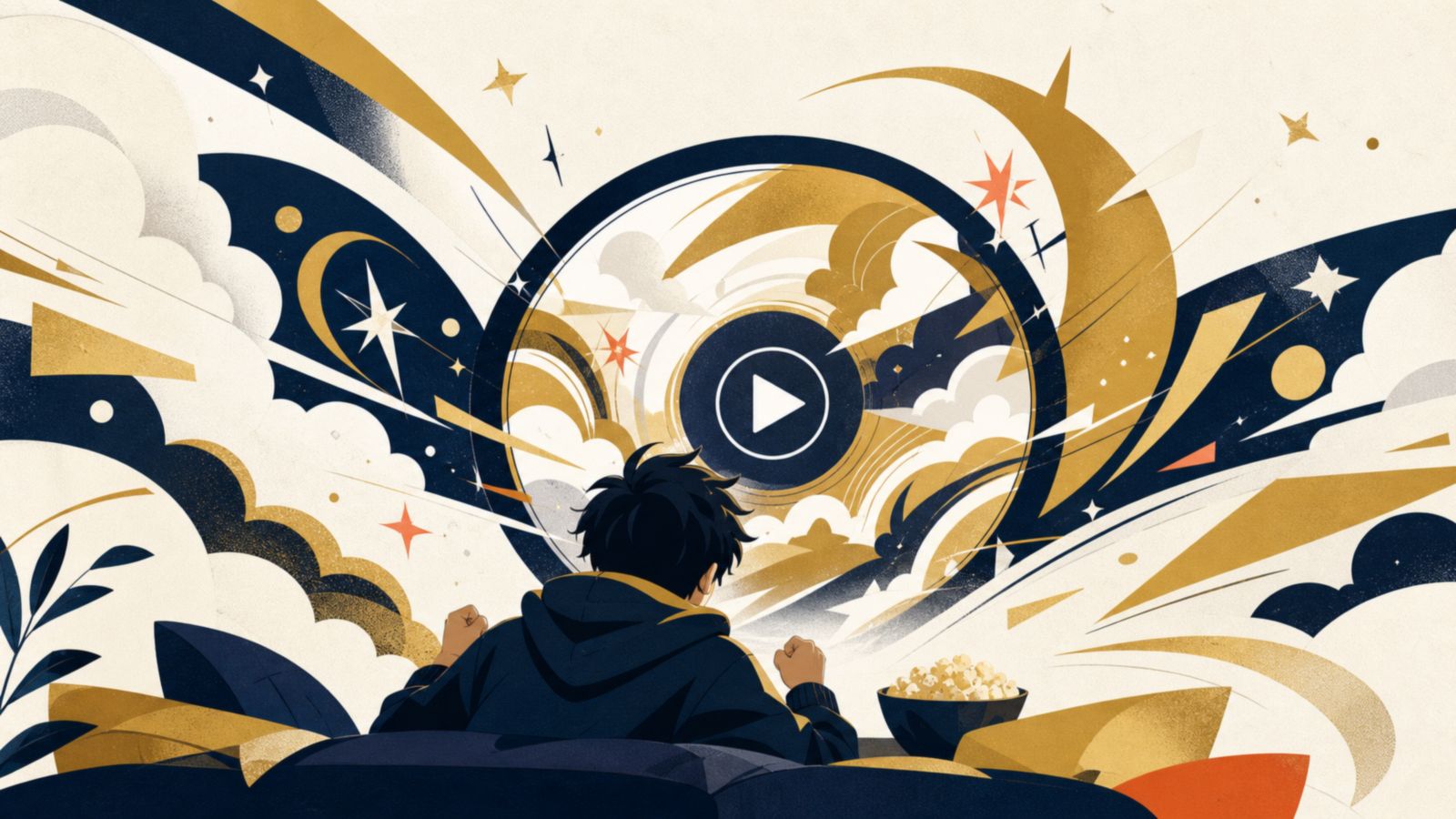 アニメの躍動感を光や星、円形スクリーンで表したイラスト