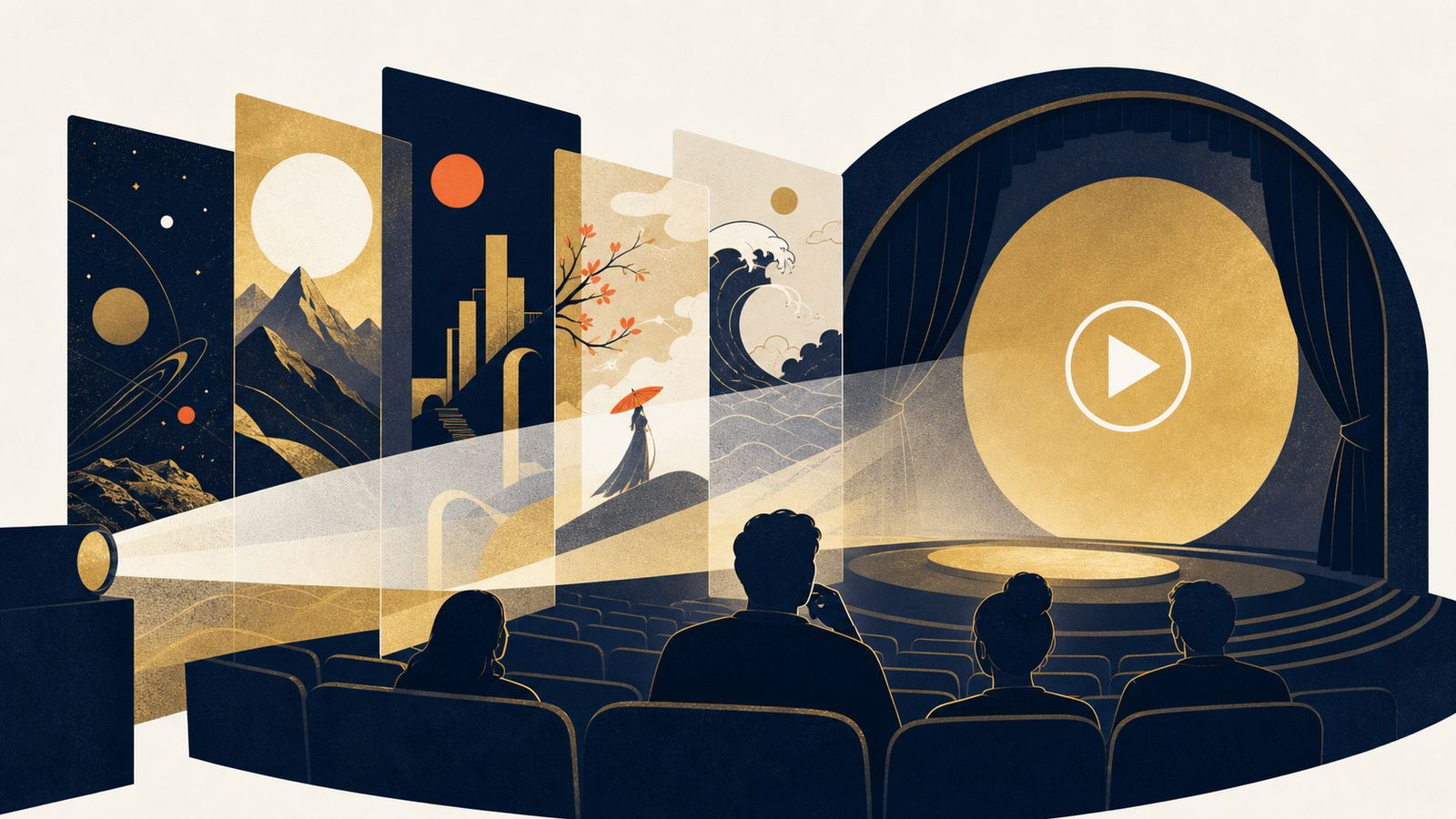 映画館の投影光と複数の物語世界を表したイラスト