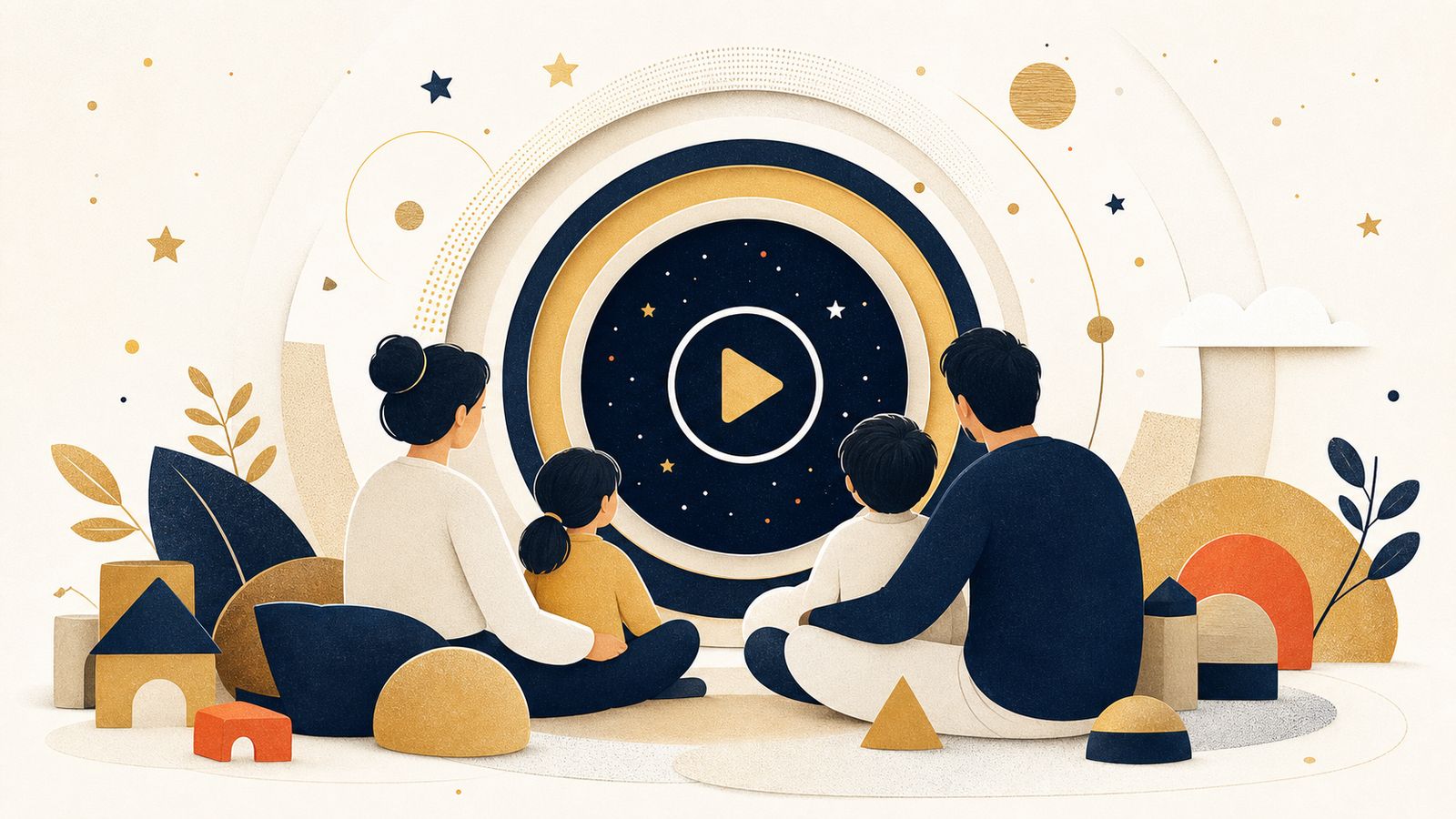 家族が安心して円形スクリーンを囲む様子を表したイラスト