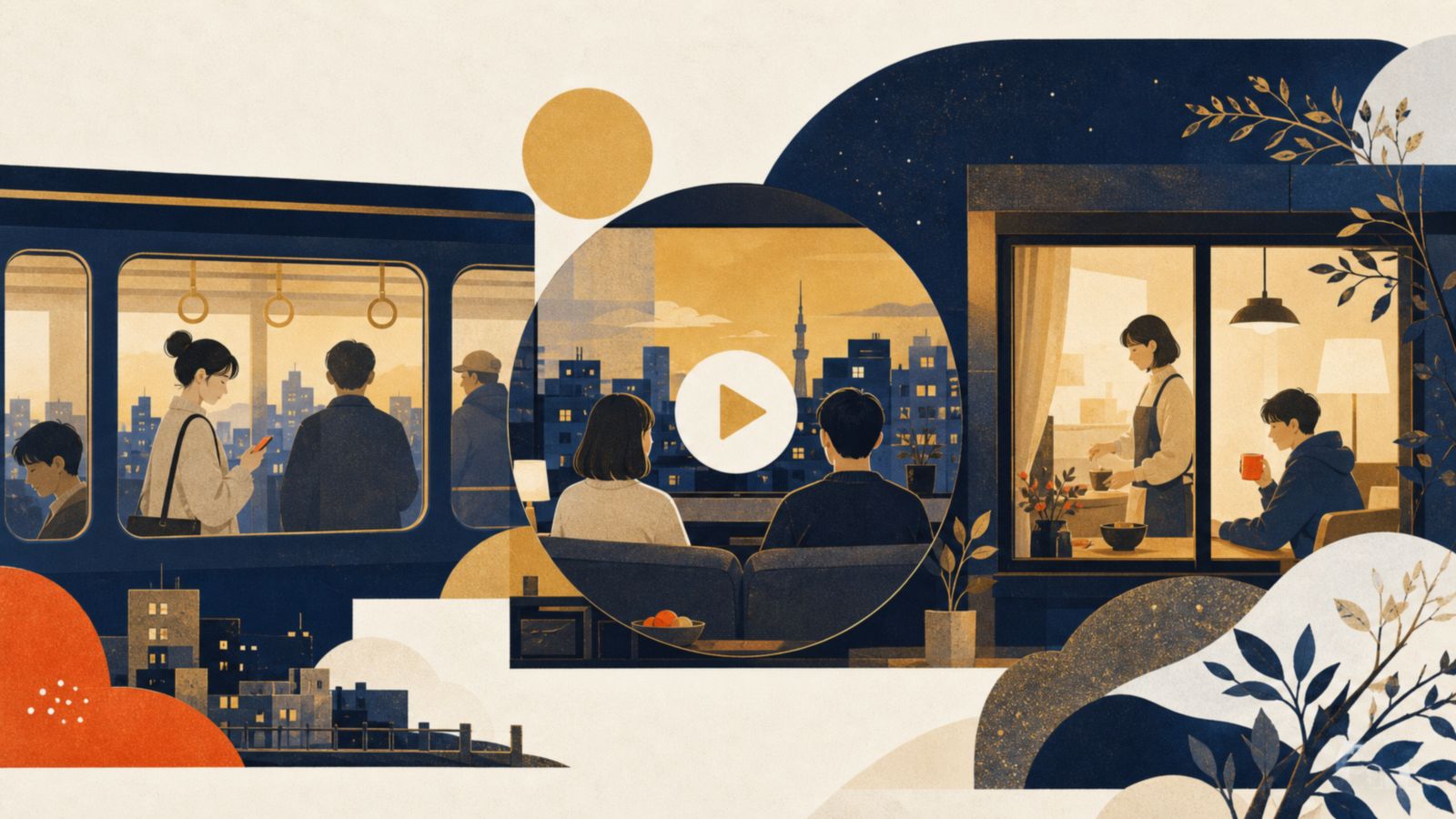 電車や家の窓に映る日常の物語を表したイラスト