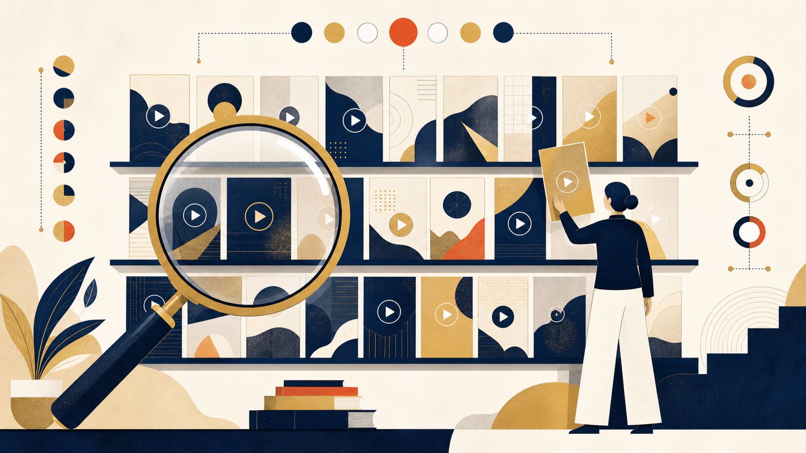 多数の動画サービスを棚に並べて比較する様子を表したイラスト